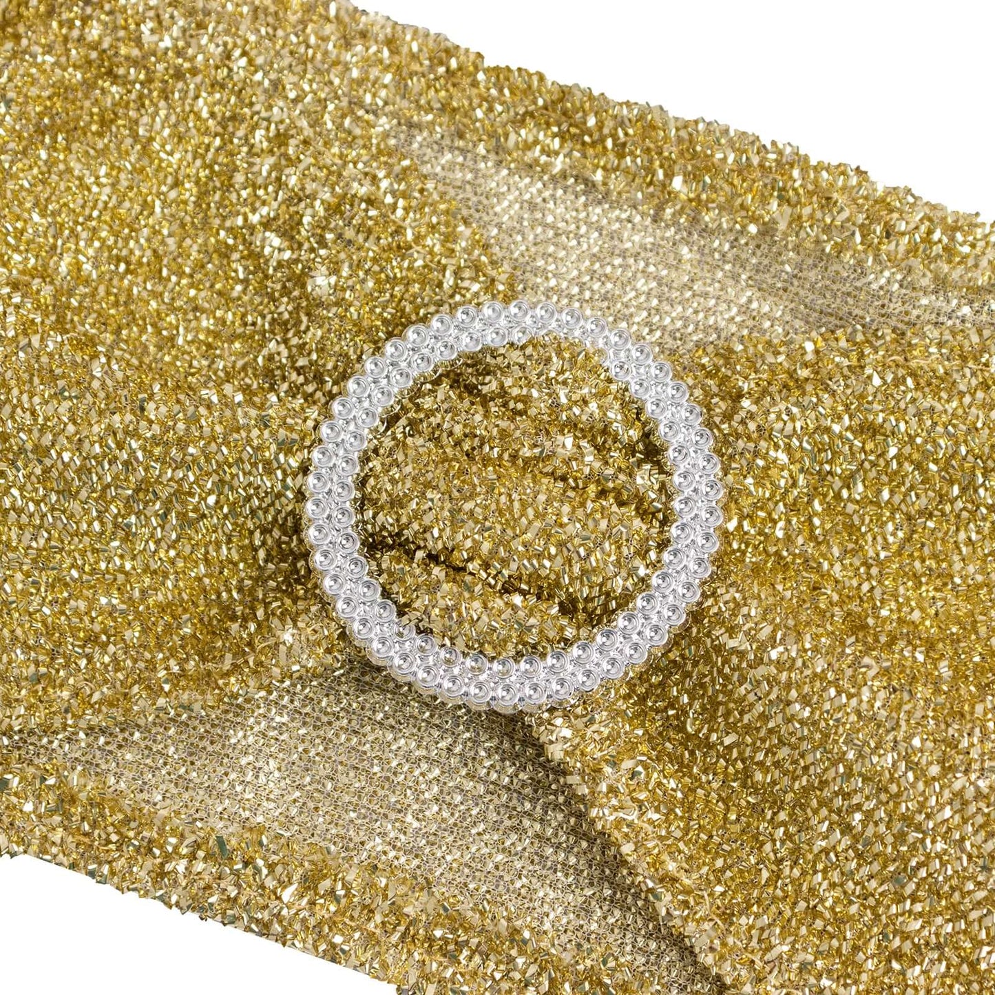 5 Pack Chair Sashes Shimmer Tinsel Spandex 5"x12" with Silver Rhinestone Buckles Champagne - Stylish Chair Bands