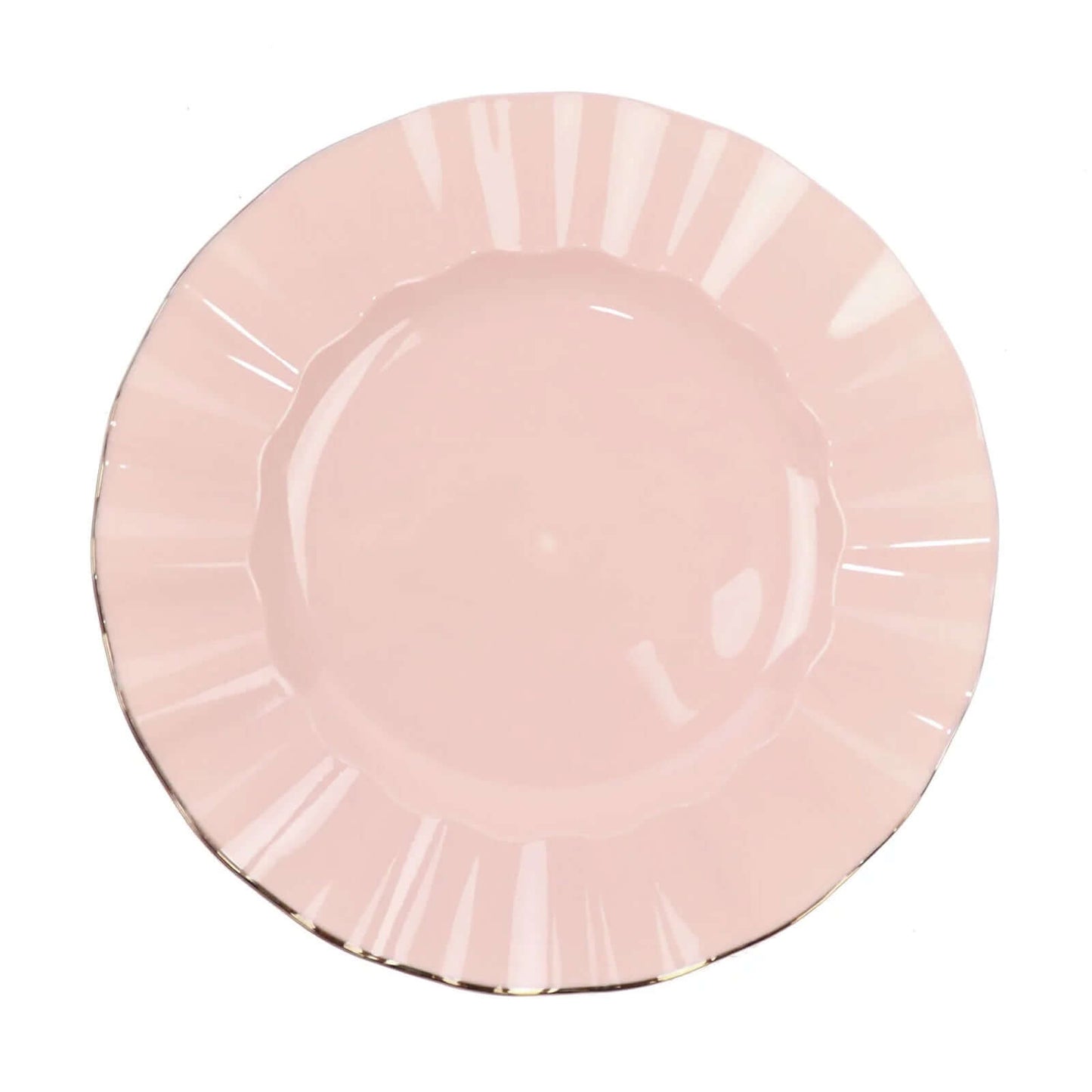 10-Pack Plastic 9" Round Dinner Plates in Blush Ruffled Rim with Gold Edging - Sturdy Disposable Dinnerware