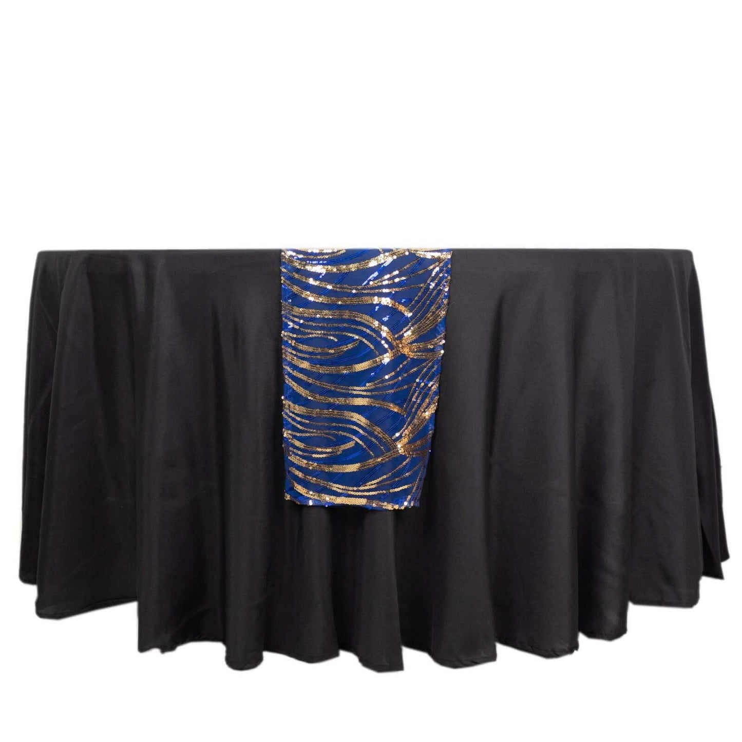 Sequin Mesh 12"x108" Table Runner Royal Blue/Gold Stylish Wave Embroidery