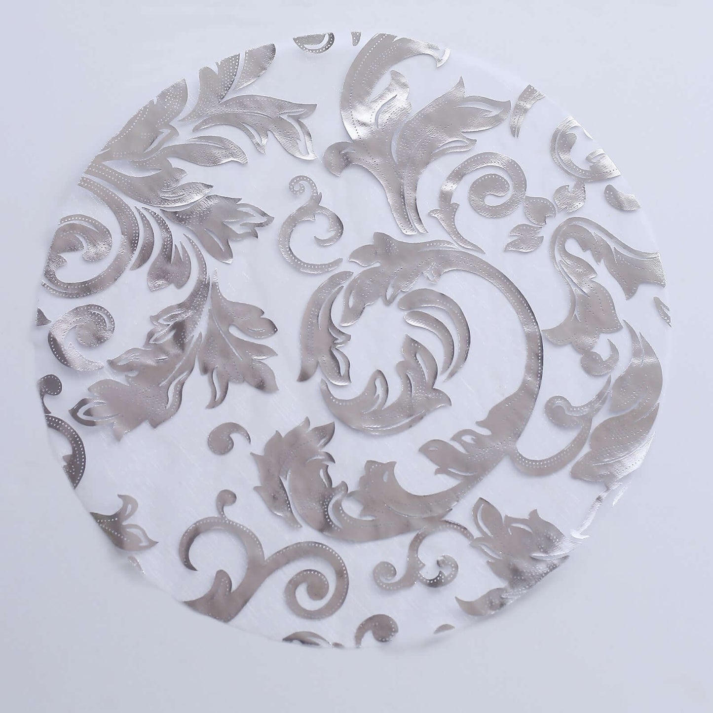 10-Pack Table Placemats Swirl Foil Floral Design Metallic Silver Round - Sheer Organza Disposable Mats 13"