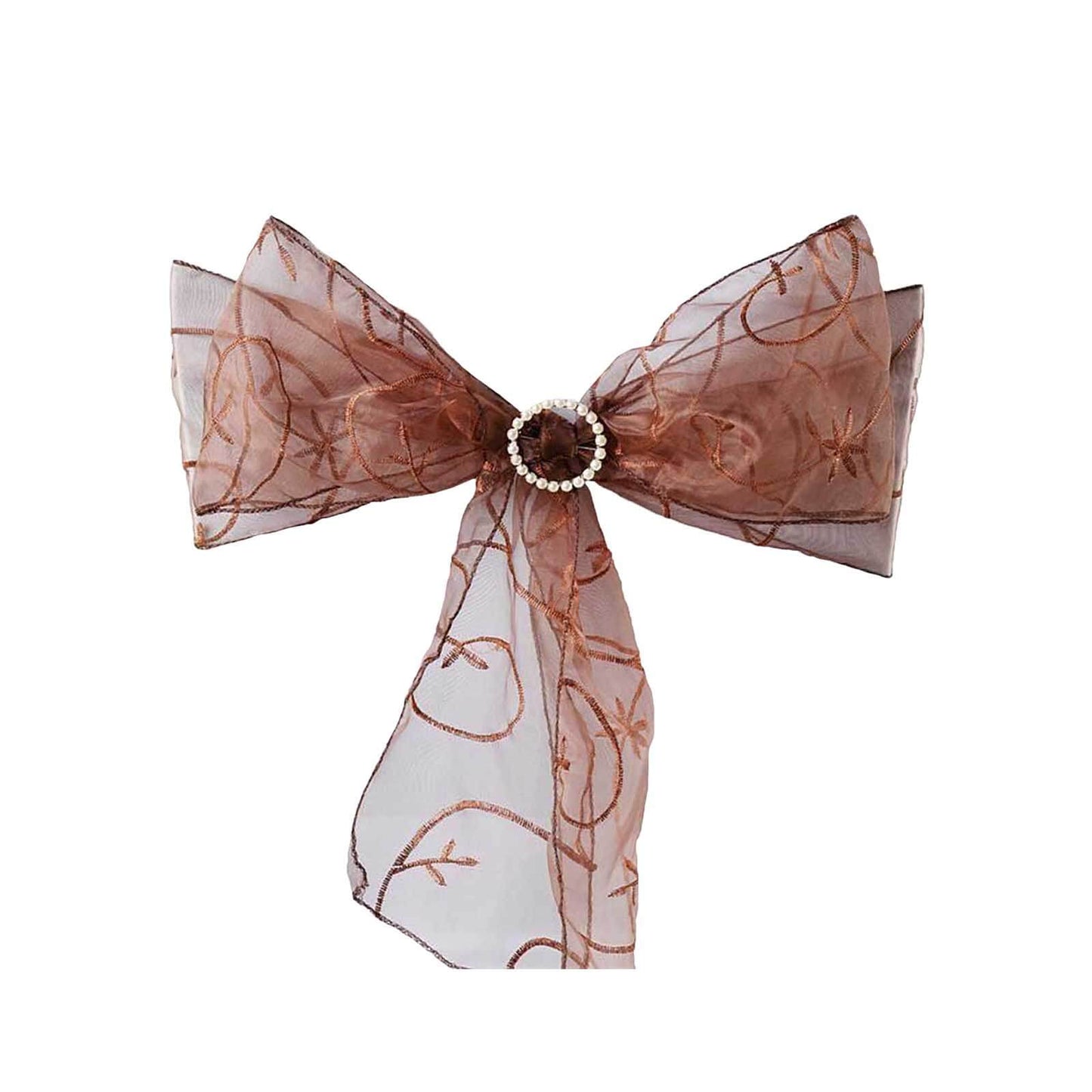 5 Pack Organza Chair Sashes with Satin Leaf Embroidery Chocolate - Reusable Sheer Design 7"x108"
