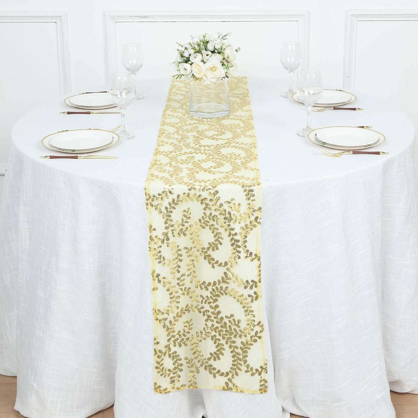 Mesh 12"x108" Table Runner Gold - Leaf Vine Sequin Embroidered Design for Sophisticated Occasion