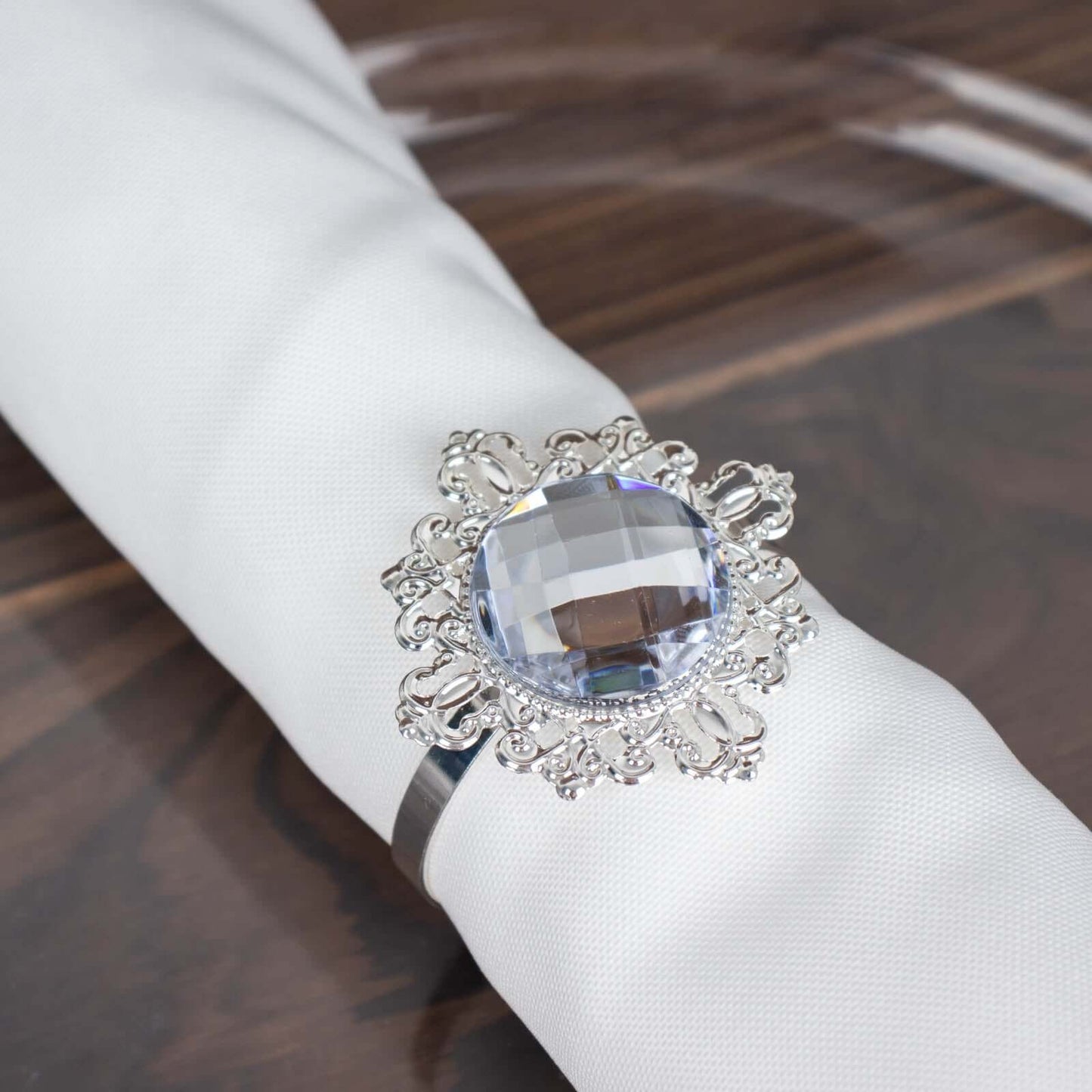 6 Pack 2" Silver Metal Clear Crystal Rhinestone Napkin Rings, Diamond Bling Napkin Holders
