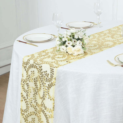 Mesh 12’’x108’’ Table Runner Gold - Leaf Vine Sequin Embroidered Design for Sophisticated Occasion - Runners