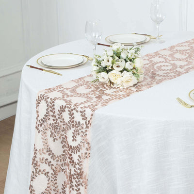 Mesh 12’’x108’’ Table Runner Rose Gold - Leaf Vine Embroidery - Runners