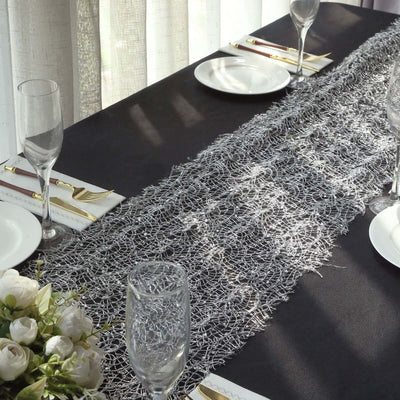 Mesh 12’’x108’’ Table Runner Silver - Sequin Schiffli Lace Design for Stylish Celebrations - Runners