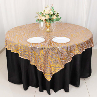 Mesh 72’’x72’’ Table Overlay Square Tablecloth Rose Gold/Gold - Wave Embroidered Sequins Table Topper - Overlays
