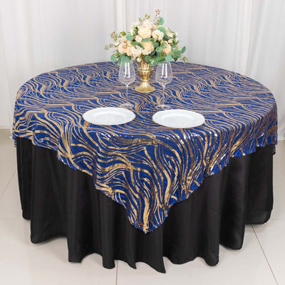 Mesh 72’’x72’’ Table Overlay Square Tablecloth Royal Blue - Wave Embroidered Sequins Table Topper - Overlays