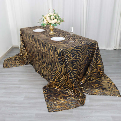 Mesh 90’’x156’’ Rectangle Tablecloth Black/Gold - Wave Sequin Embroidered Table Cover - Tablecloths