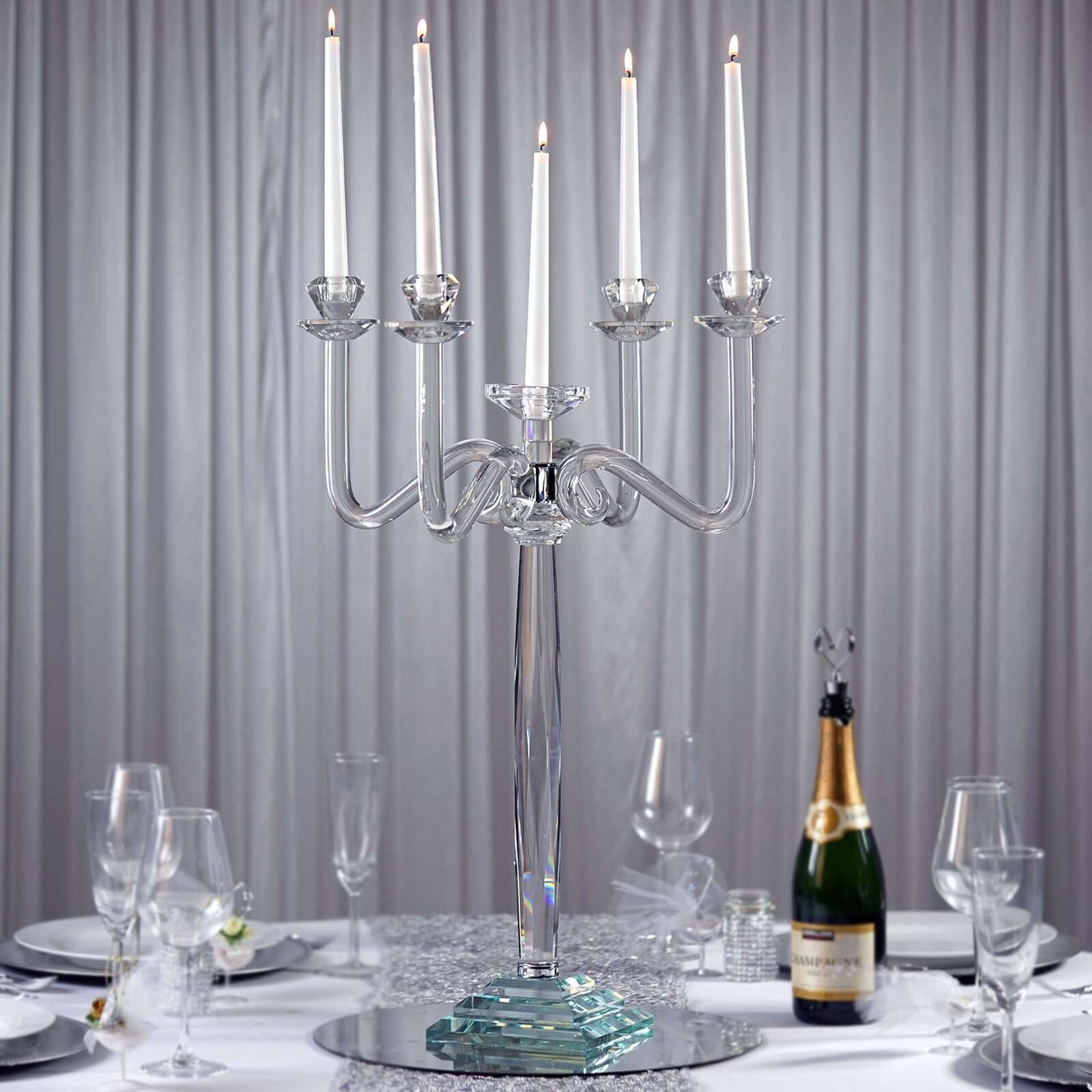 5 Arm Crystal Glass Candelabra Clear- Exquisite Decorative Taper Candle Holder Table Centerpiece for Grand Celebrations 27"