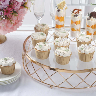 Metal Cake Stand Geometric Diamond Cut Design Gold with Glass Top - Dessert Display Riser 14’’ - Cake Stands
