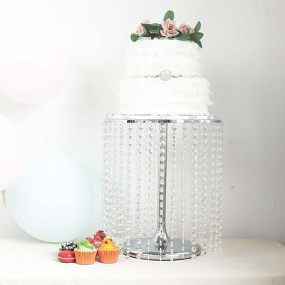 Metal Cake Stand Round Design Metallic Silver with Crystal Chains 14’’ Dia - Cupcake Dessert Pedestal 16’’Tall - Cake