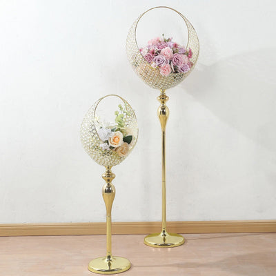 Metal Crystal Beaded Candle Holder Stand Half Moon Basket Design Gold Wedding Flower Centerpiece with Round Stable Base