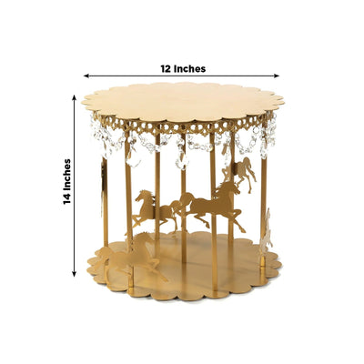Metal Round Pedestal Cake Stand Gold Carousel Design with Hanging Acrylic Beads for Cupcakes & Pastries 14’’ - Cake