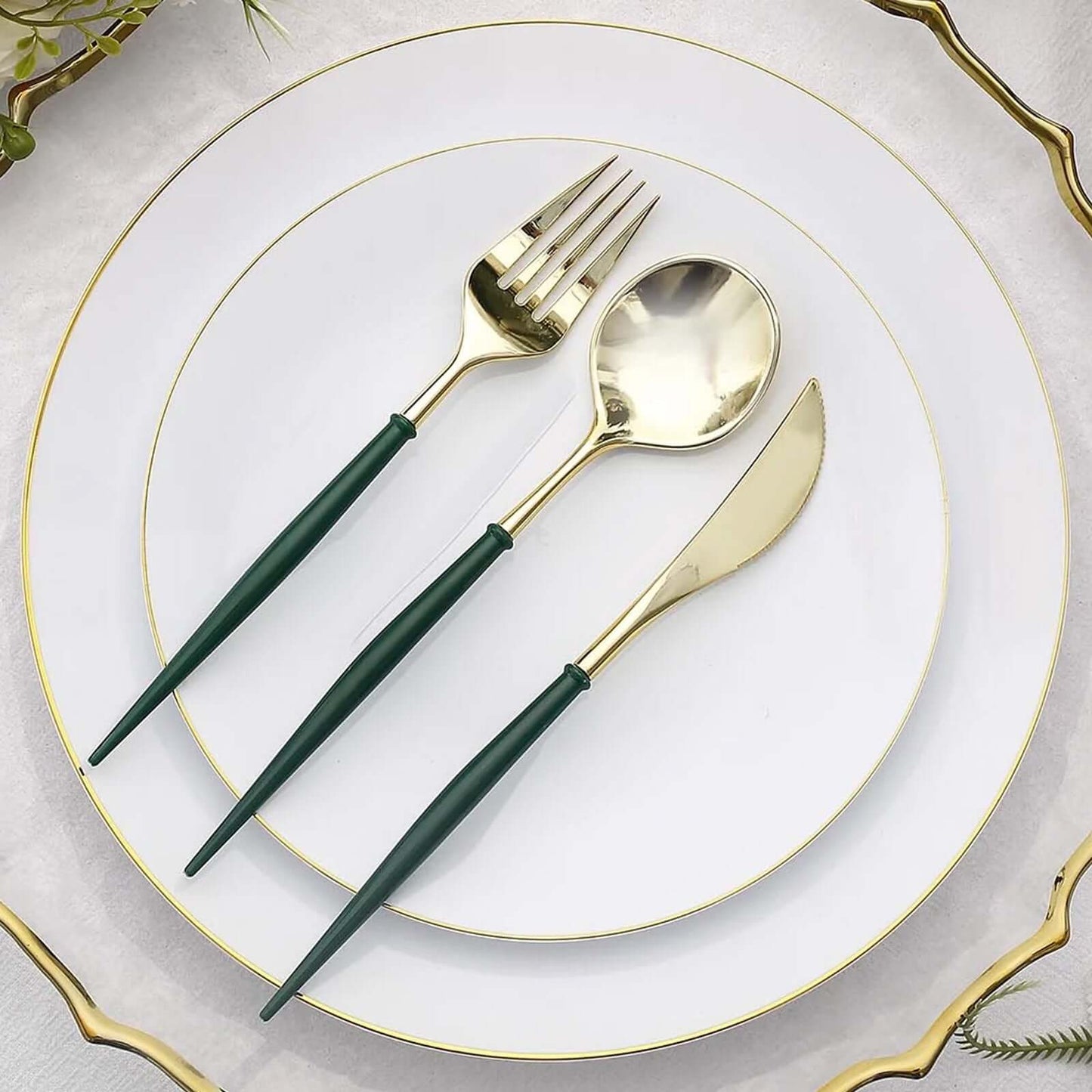 24-Pack Plastic Flatware Set in Metallic Gold with Hunter Emerald Green Handle - Heavy Duty Disposable Modern Silverware 8"