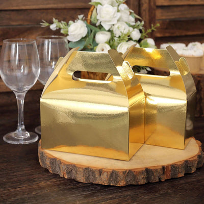 25 Pack Metallic Gold Candy Gift Tote Gable Boxes, Party Favor Treat Bags - 6"x3.5"x7"