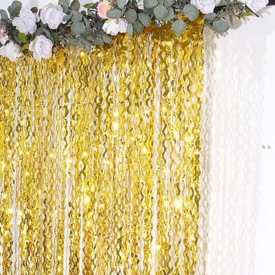 Metallic Gold Wavy Foil Fringe Party Backdrop Curly Tinsel Streamer Photo Booth Curtain - 3ftx6ft - Backdrops