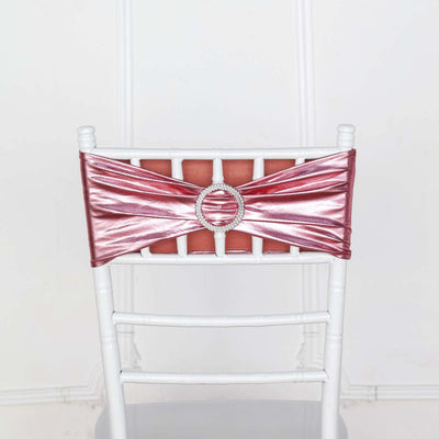 5 Pack Metallic Spandex Chair Sashes Rose Gold - Stretch Fit Chair Bands With Round Diamond Buckles