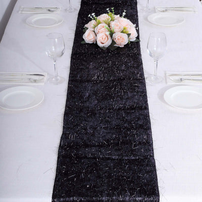 Metallic Tinsel Polyester 12’’x108’’ Table Runner Black - Shimmery Fringe Shag Table Decor - Runners