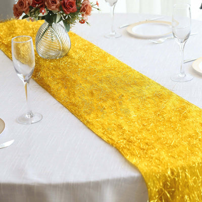 Metallic Tinsel Polyester 12’’x108’’ Table Runner Gold - Shimmery Fringe Shag Event Table Decor - Runners