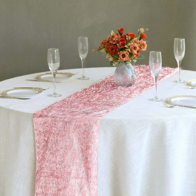 Metallic Tinsel Polyester 12’’x108’’ Table Runner Rose Gold - Shimmery Fringe Shag Table Decor - Runners