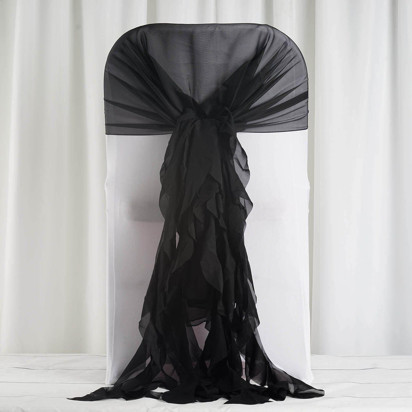 1 Set Chiffon Hoods Chair Sashes with Willow Ruffles Design Black - Stylish Decor for Weddings & Gatherings