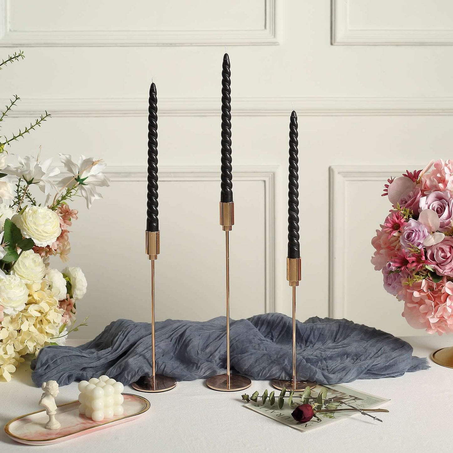 12-Pack Taper Candles Spiral Long Burn Wick Design Black - Premium Unscented Wax Dinner Candle Sticks 11"