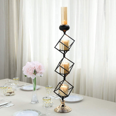 3-Tier Candle Holder Black Geometric Design with Amber Glass Votives & Gold Trim - Modern Decor for Weddings 28" Tall