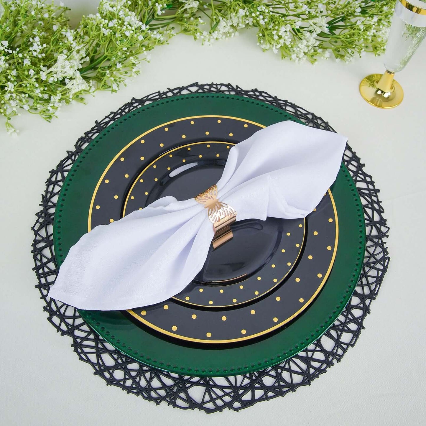 6-Pack Acrylic Round Charger Plates 13" in Hunter Emerald Green with Beaded Rim, Dinner Charger Event Tabletop Decor