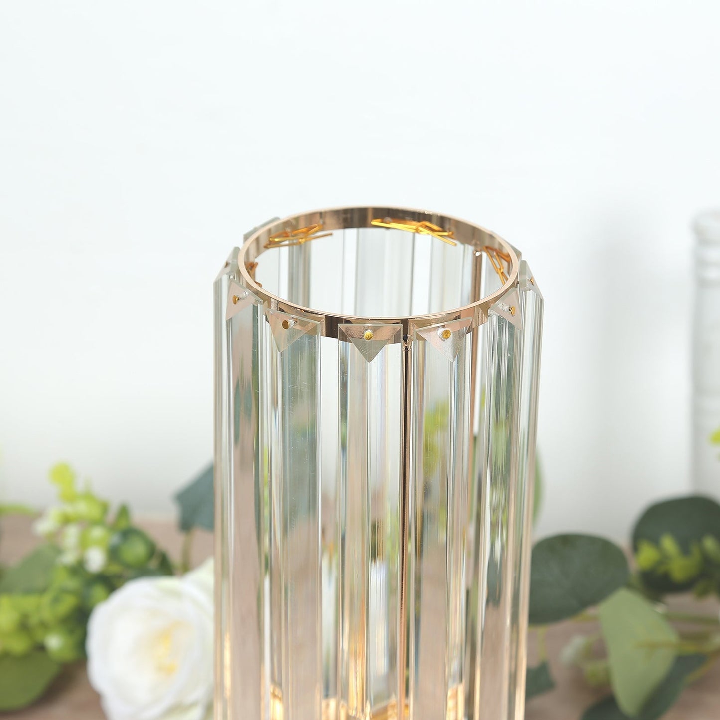 2 Pack 11" Crystal Pendant Hurricane Candle Holders in Gold, Elegant Cylinder Design for Pillar Candles, Short-Stemmed, Decorative Table Centerpieces