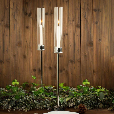 2-Pack Silver Metal Taper Candlestick Holders, Clear Glass Hurricane Candle Stands With Chimney Candle Shades 24"