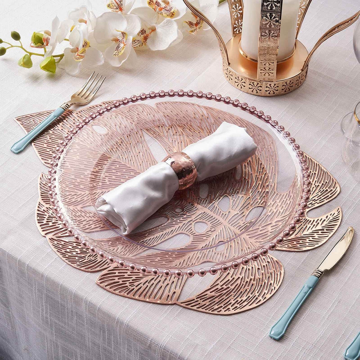 6-Pack Dining Table Mats Monstera Leaf Design Rose Gold - Vinyl Non-Slip Surface for Tropical Themes 18"