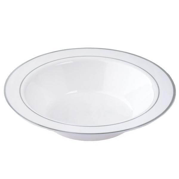10-Pack Plastic Soup Bowls White with Silver Rim - Stylish Disposable Bowls for Parties 12oz