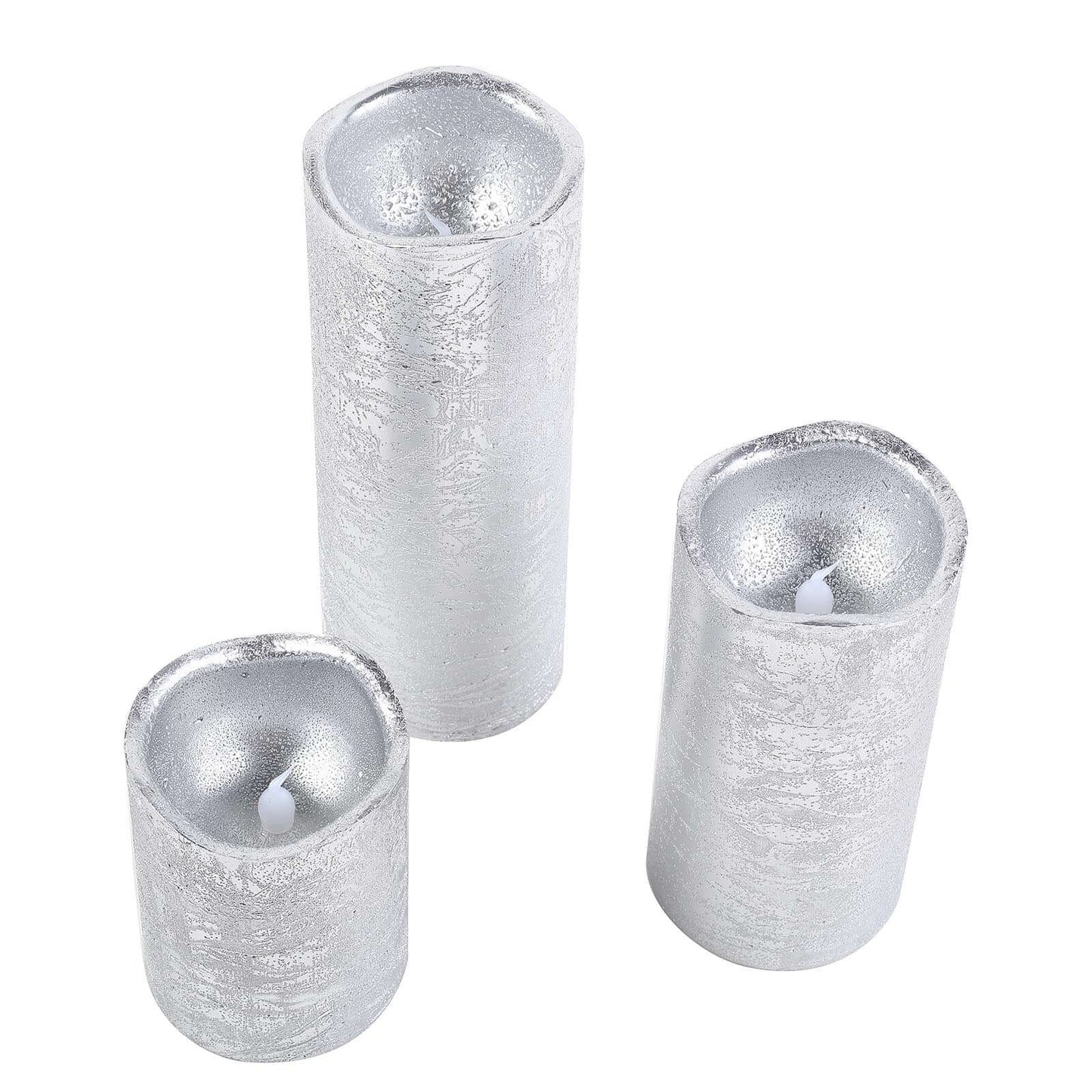 Set of 3 LED Flameless Pillar Candles Remote Operated Metallic Silver - Battery Powered 4", 6", 8"