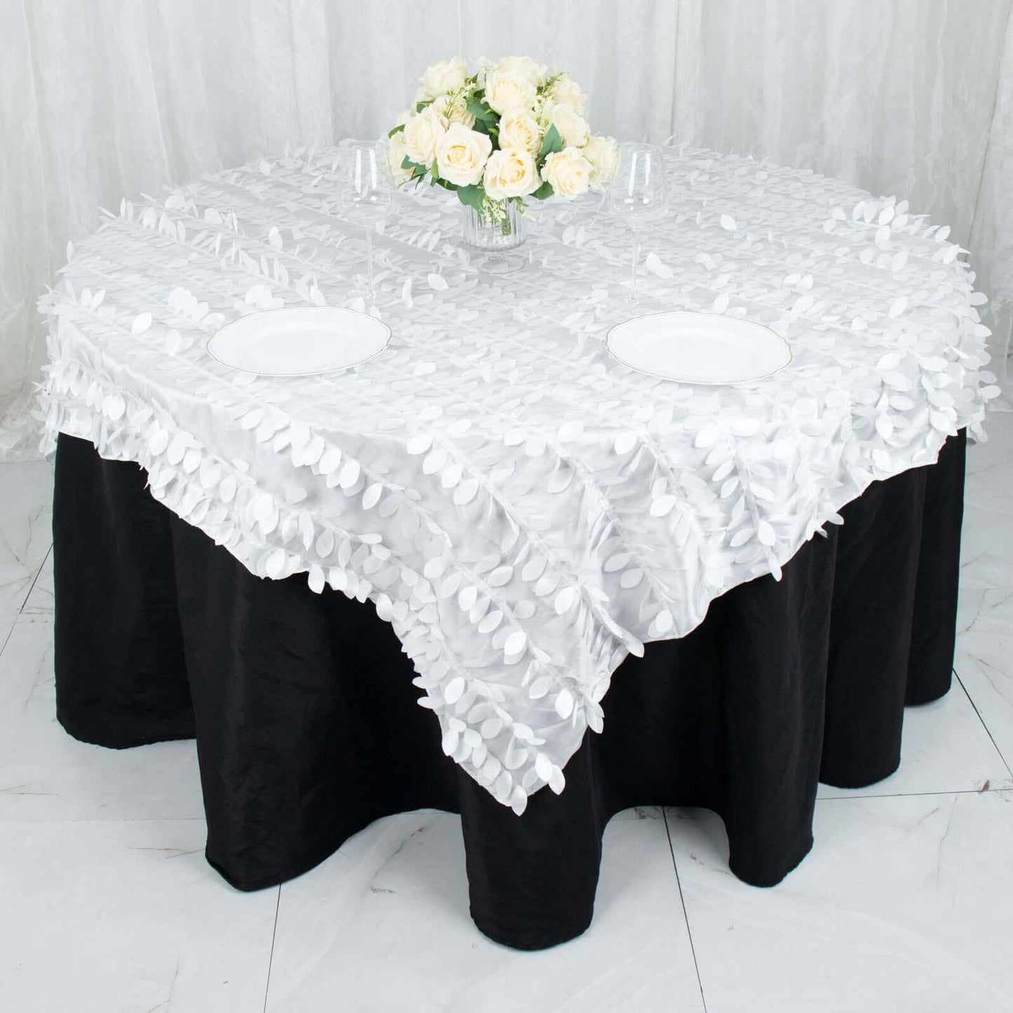 Taffeta 72"x72" Table Overlay Square Tablecloth White 3D Leaf Petal Design for Stylish Celebrations
