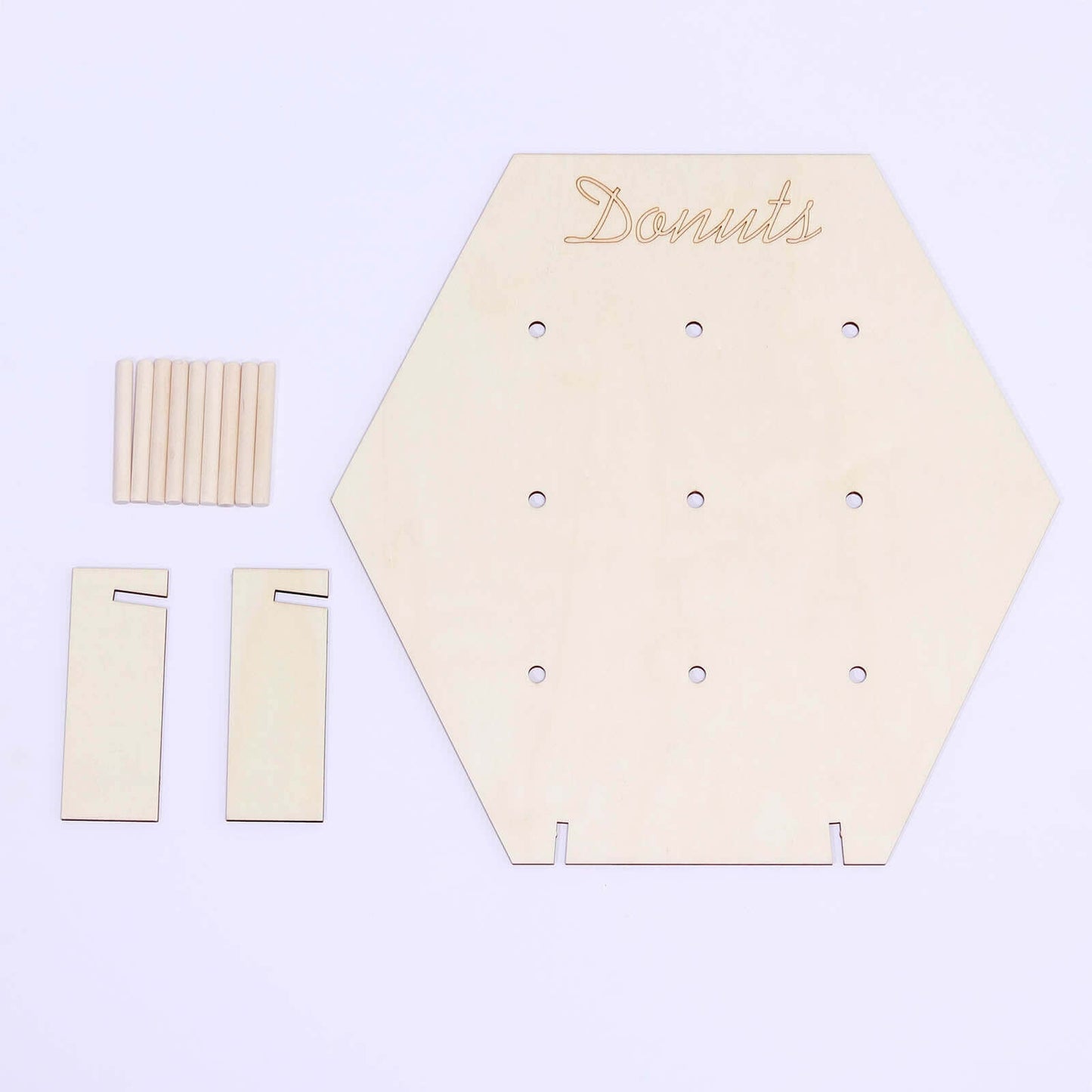 Wooden Hexagon Donut Wall Stand - Space Saving Detachable Rustic Chic Doughnut Pegboard Dessert Display Pretzel Bagel Holder 13"
