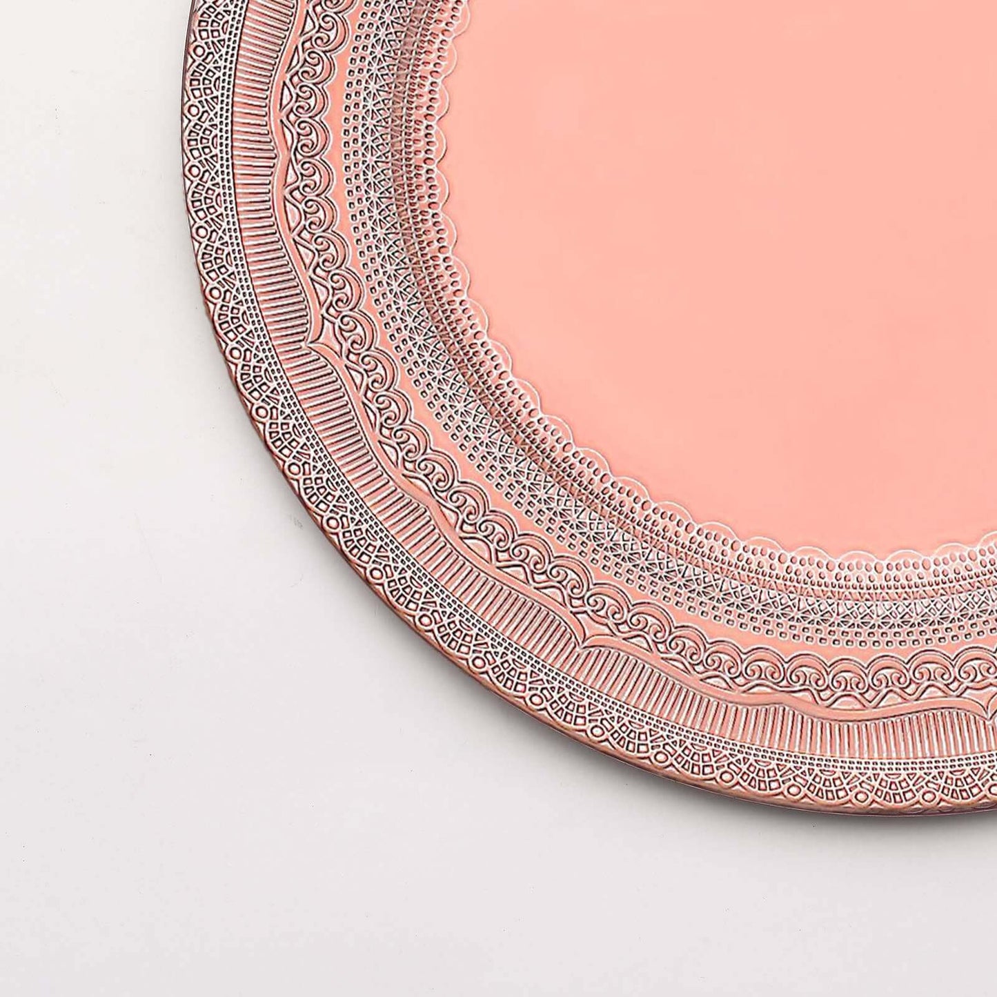 6-Pack Acrylic Round Charger Plates 13" in Rose Gold with Lace Embossed Rim, Rustic Plastic Decorative Charger Tableware