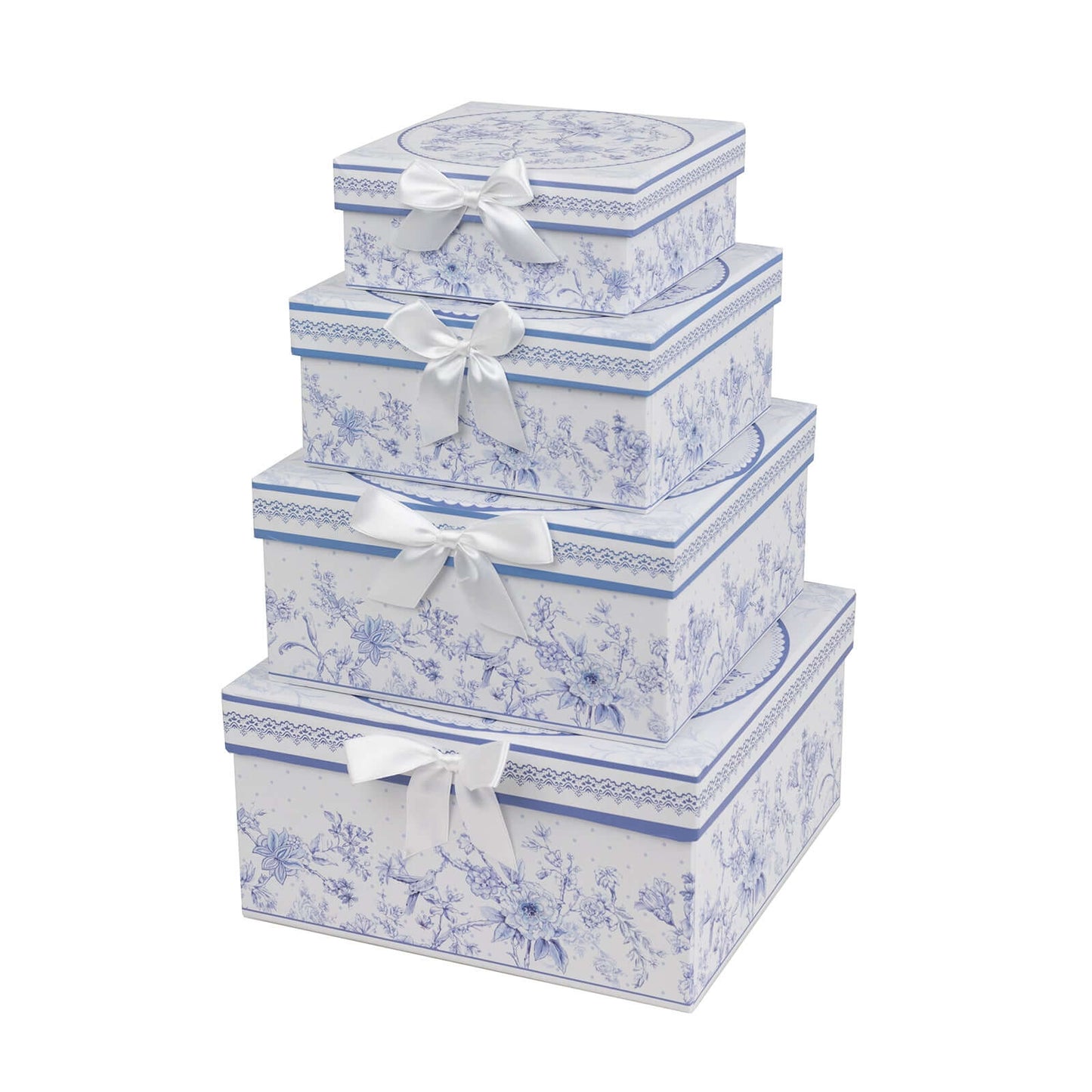 Set of 4 Cardstock Square Nesting Gift Boxes White Blue French Toile Design - Decorative Heavy Duty Stackable Keepsake Boxes With Lids for Presents Storage & Pedestal Stand 6",7",8",9"