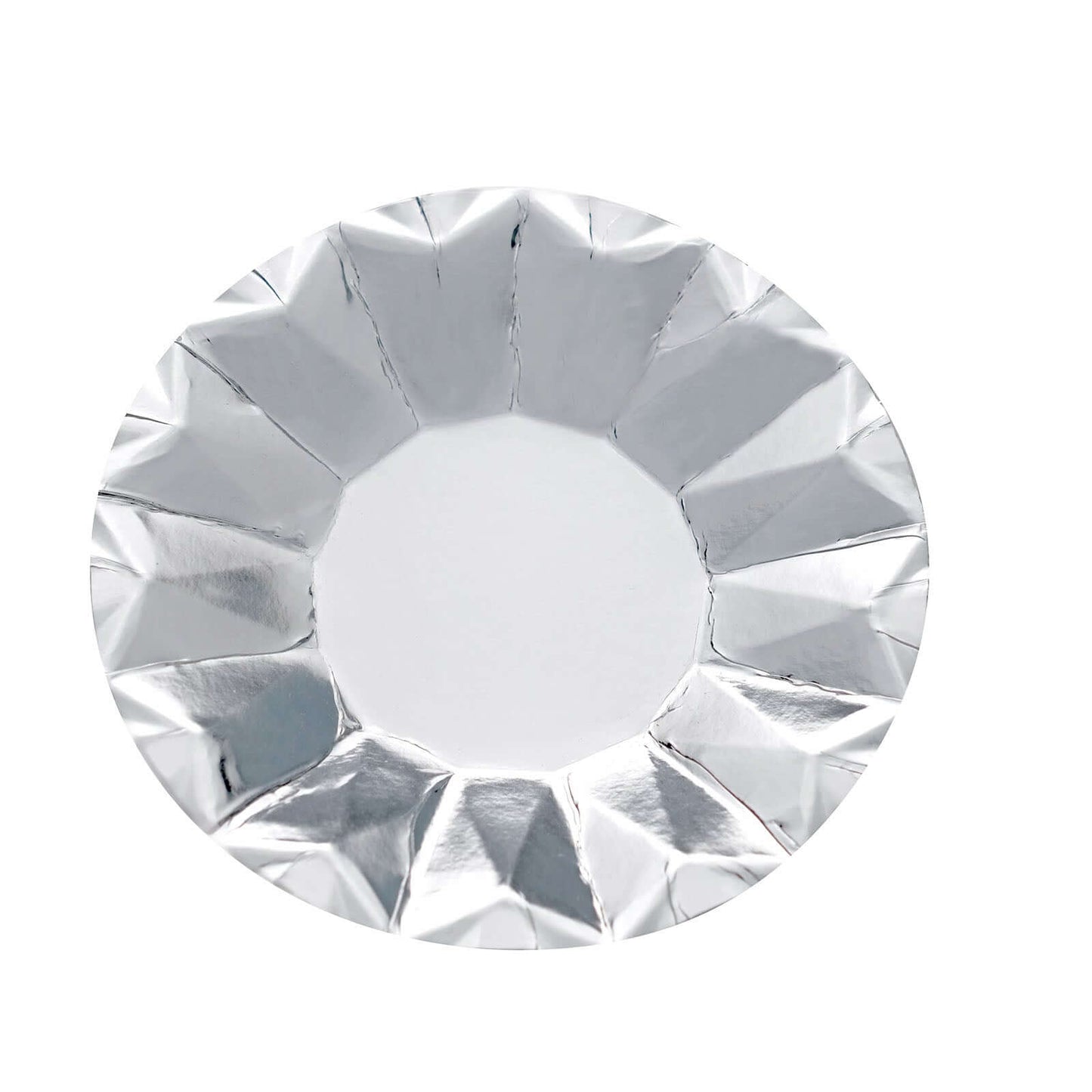 25-Pack Paper 7" Round Dessert Plates in Metallic Silver with Geometric Prism Rim - Disposable 400GSM Appetizer Salad Plates