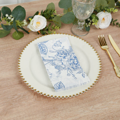 50-Pack Paper Dinner Napkins White with Matte Blue French Toile Floral Pattern 2-Ply - Stylish Disposable Napkins for Events
