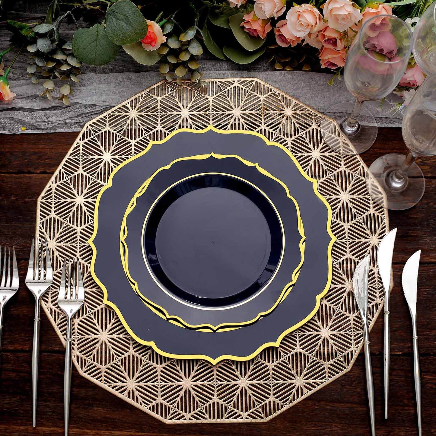 10-Pack Plastic 8" Round Dessert Plates in Navy Blue with Gold Scalloped Rim - Disposable Appetizer/Salad Plates