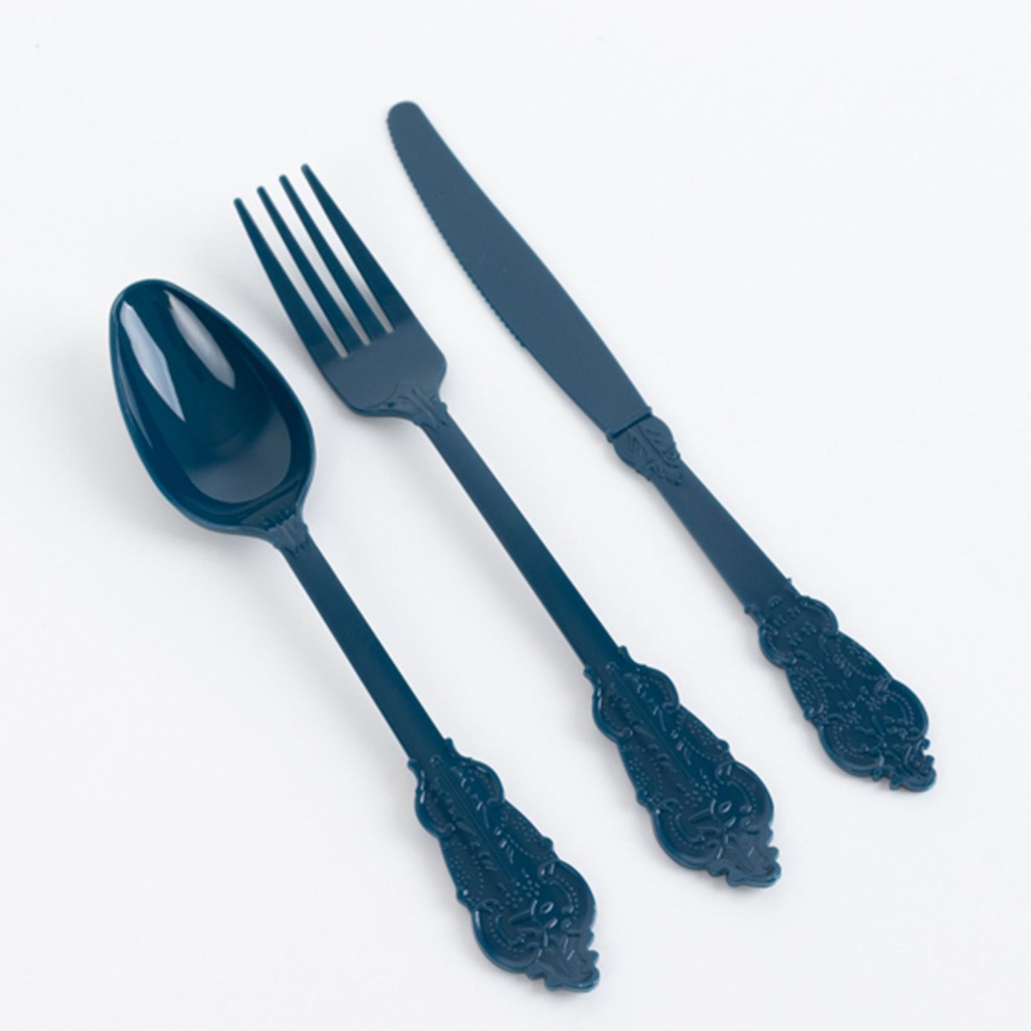 72 Pcs Plastic Silverware Set in Baroque Style Navy Blue - Heavy Duty Disposable Knife, Fork, and Spoon Set