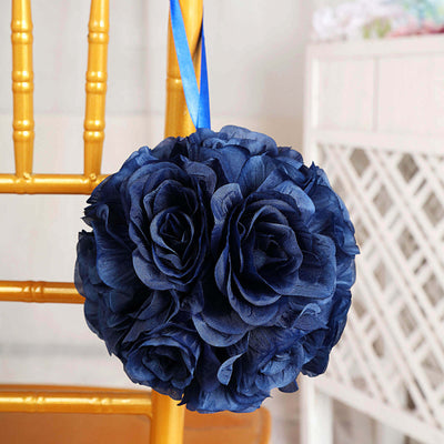 2 Pack 7" Navy Blue Artificial Silk Rose Kissing Ball, Flower Ball