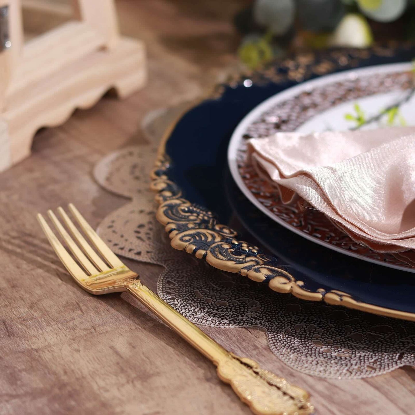 6-Pack Acrylic Round Charger Plates 13" in Navy Blue with Gold Embossed Baroque Rim, Antique Decorative Dinner Party Charger Tableware