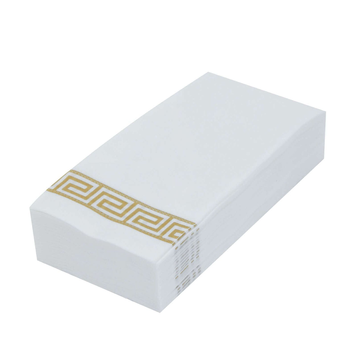 25 Pack Linen-Like Paper 8"x4" Napkins White with Gold Greek Key Design - Soft & Absorbent Airlaid Hand Towels for Exquisite Weddings & Events