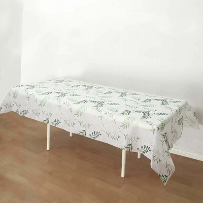 Non-Woven Tablecloth Rectangle White/Green with Olive Leaves Print - Perfect Disposable Table Cover for Summer