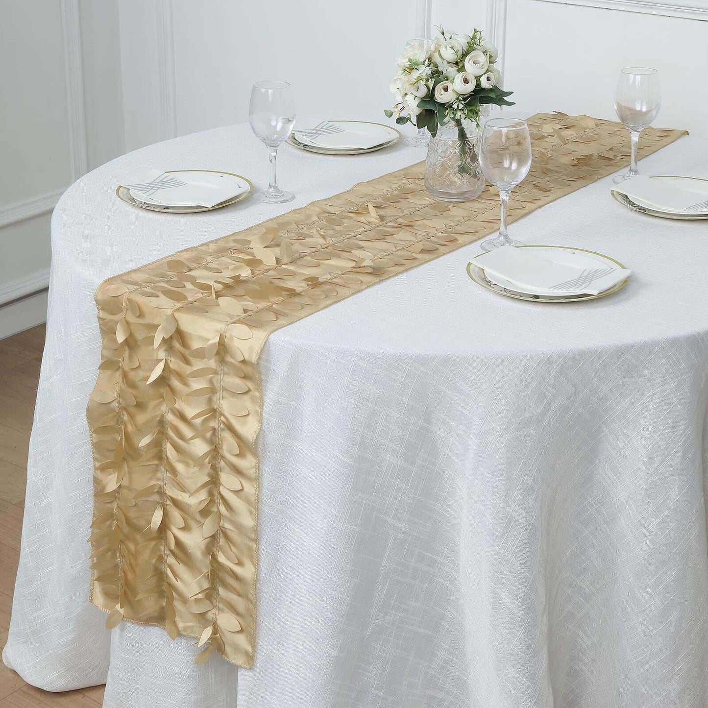 Taffeta Fabric 12"x108" Table Runner Champagne - 3D Leaf Petal Design