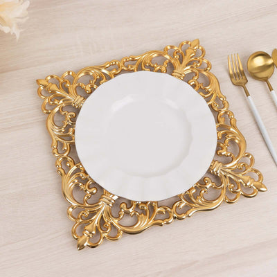 6-Pack Acrylic Square Charger Plates 12" in Gold with Hollow Lace Border, Event Tabletop Decorative Charger Tableware