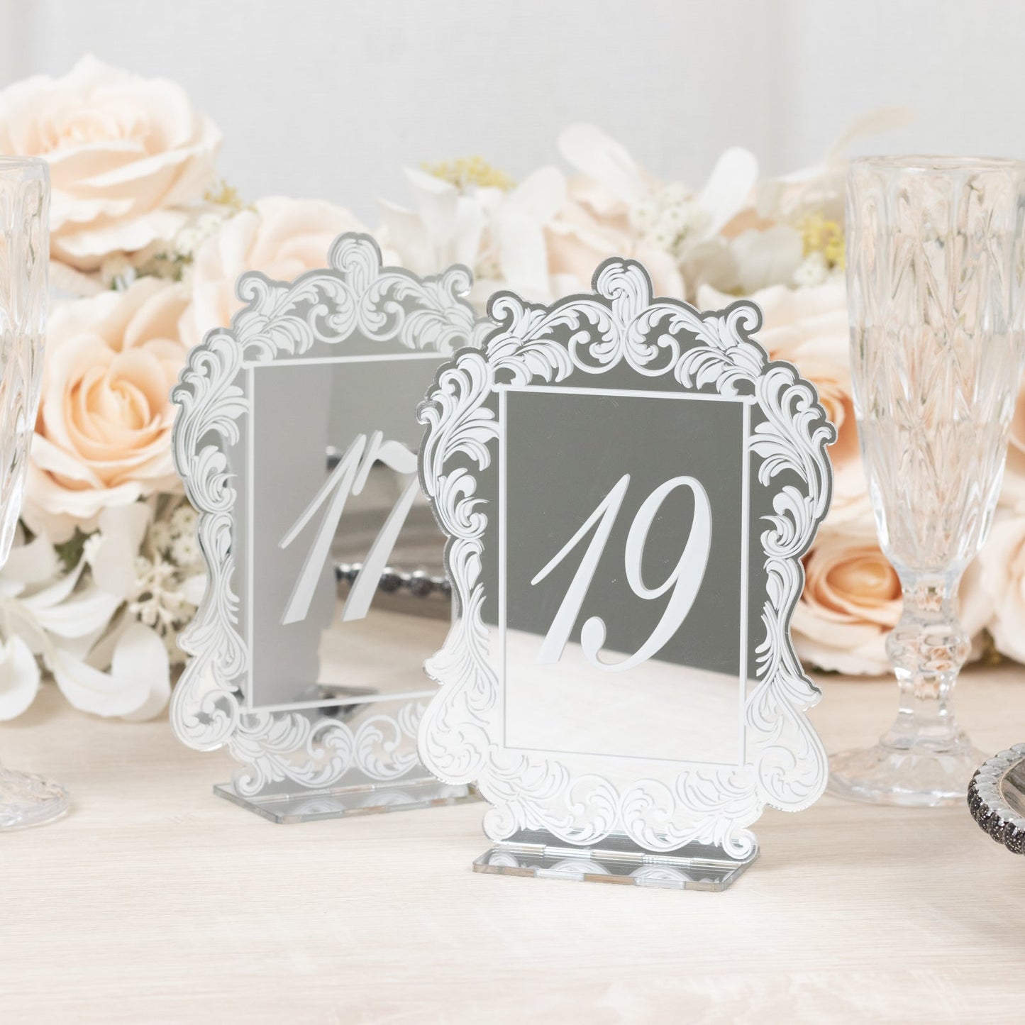 Silver Mirror Arch Acrylic Table Numbers (11-20) - 5"x7" Wedding Reception Signs with Baroque Lace Border, White Print & Stands