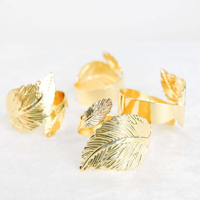 4 Pack Metallic Gold Ornate Leaf Napkin Rings, Linen Napkin Holders